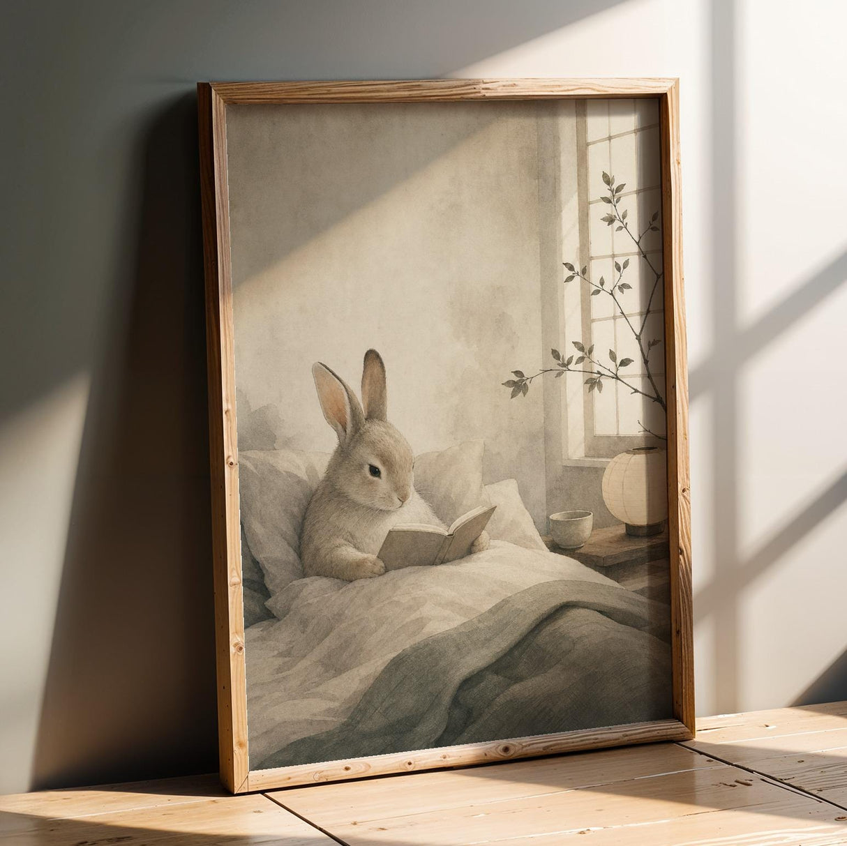Satin Rabbit Reading in Bed Poster | Japanese Zen Sumi-e Bunny Wall Art | Warm Ivory Fog Gray Decor | Minimalist Bedroom Print