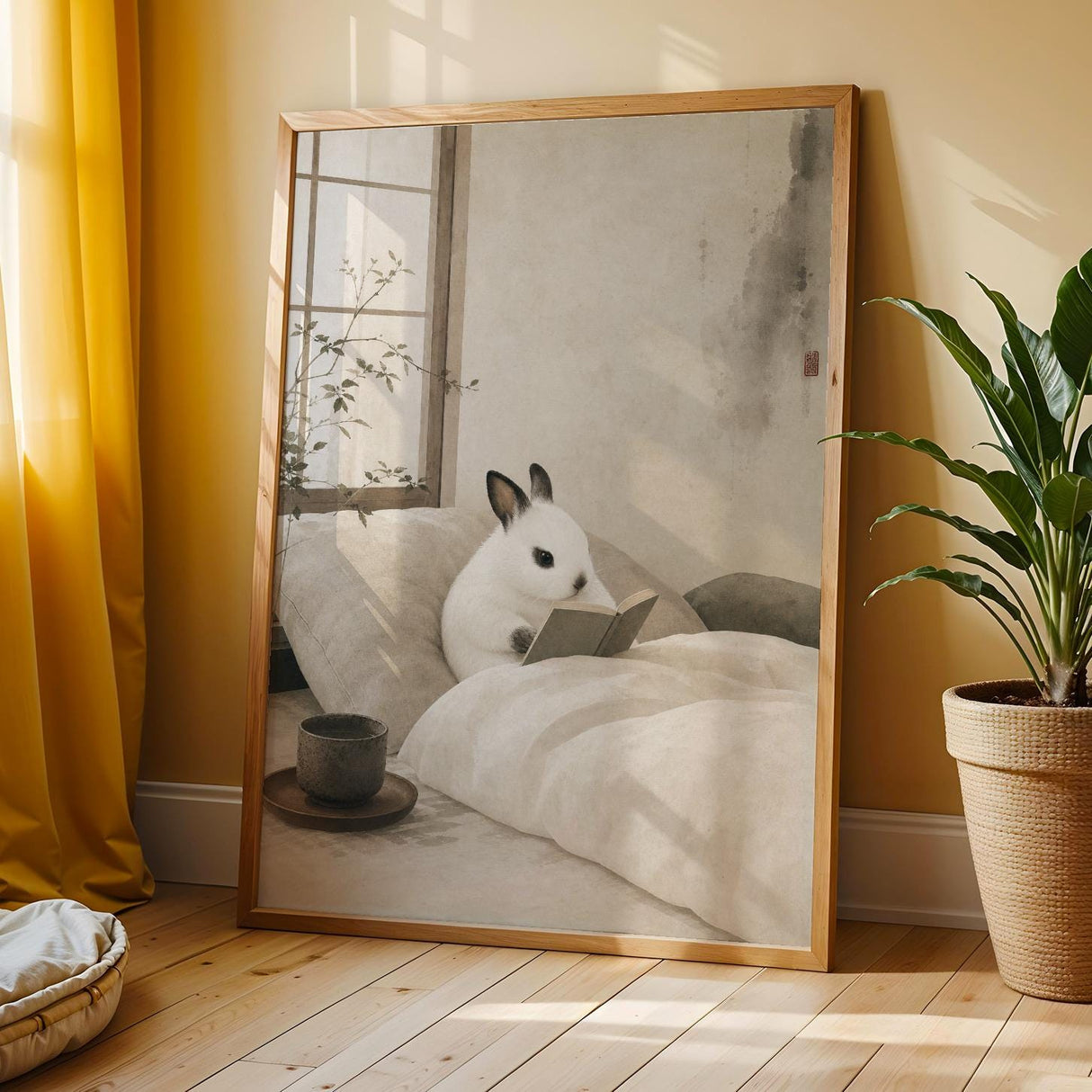 Dwarf Hotot Rabbit Reading in Bed Poster | Japanese Zen Sumi-e Bunny Wall Art | Warm Ivory Fog Gray Decor | Minimalist Bedroom Print