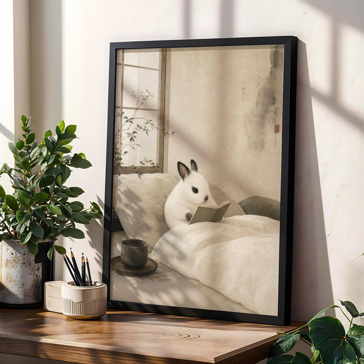 Dwarf Hotot Rabbit Reading in Bed Poster | Japanese Zen Sumi-e Bunny Wall Art | Warm Ivory Fog Gray Decor | Minimalist Bedroom Print