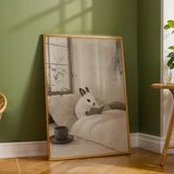 Dwarf Hotot Rabbit Reading in Bed Poster | Japanese Zen Sumi-e Bunny Wall Art | Warm Ivory Fog Gray Decor | Minimalist Bedroom Print
