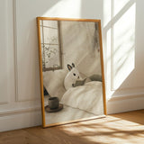Dwarf Hotot Rabbit Reading in Bed Poster | Japanese Zen Sumi-e Bunny Wall Art | Warm Ivory Fog Gray Decor | Minimalist Bedroom Print