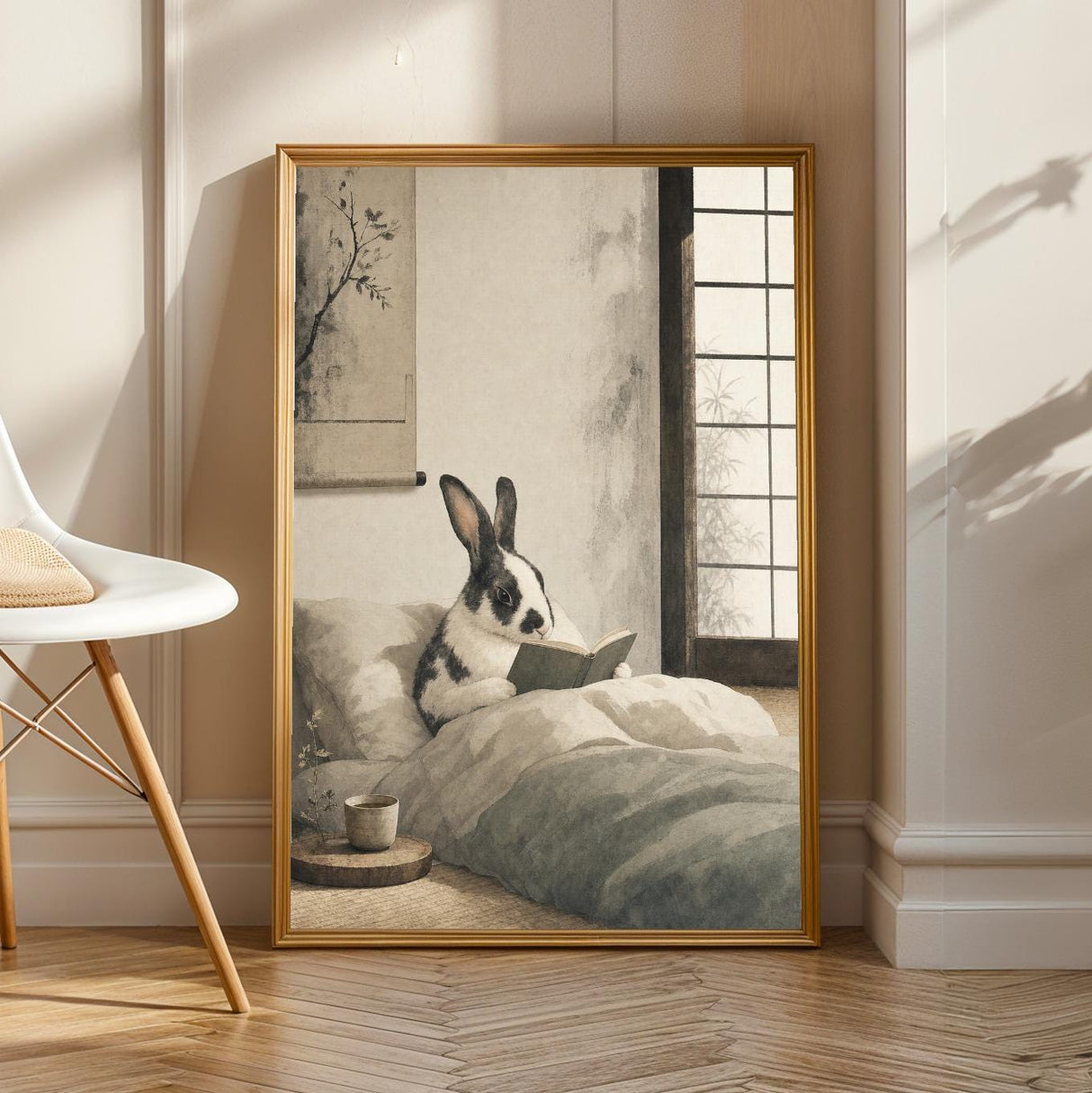 Harlequin Rabbit Reading in Bed Poster | Japanese Zen Sumi-e Bunny Wall Art | Warm Ivory Fog Gray Decor | Minimalist Bedroom Print