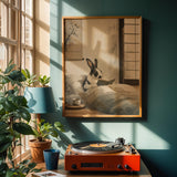 Harlequin Rabbit Reading in Bed Poster | Japanese Zen Sumi-e Bunny Wall Art | Warm Ivory Fog Gray Decor | Minimalist Bedroom Print