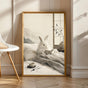 Angora Rabbit Reading in Bed Poster | Japanese Zen Ink Wash Bunny Wall Art | Warm Ivory Fog Gray Decor | Minimalist Bedroom Print