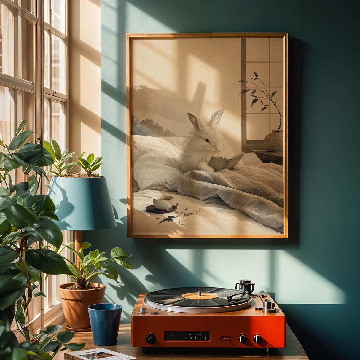 Angora Rabbit Reading in Bed Poster | Japanese Zen Ink Wash Bunny Wall Art | Warm Ivory Fog Gray Decor | Minimalist Bedroom Print