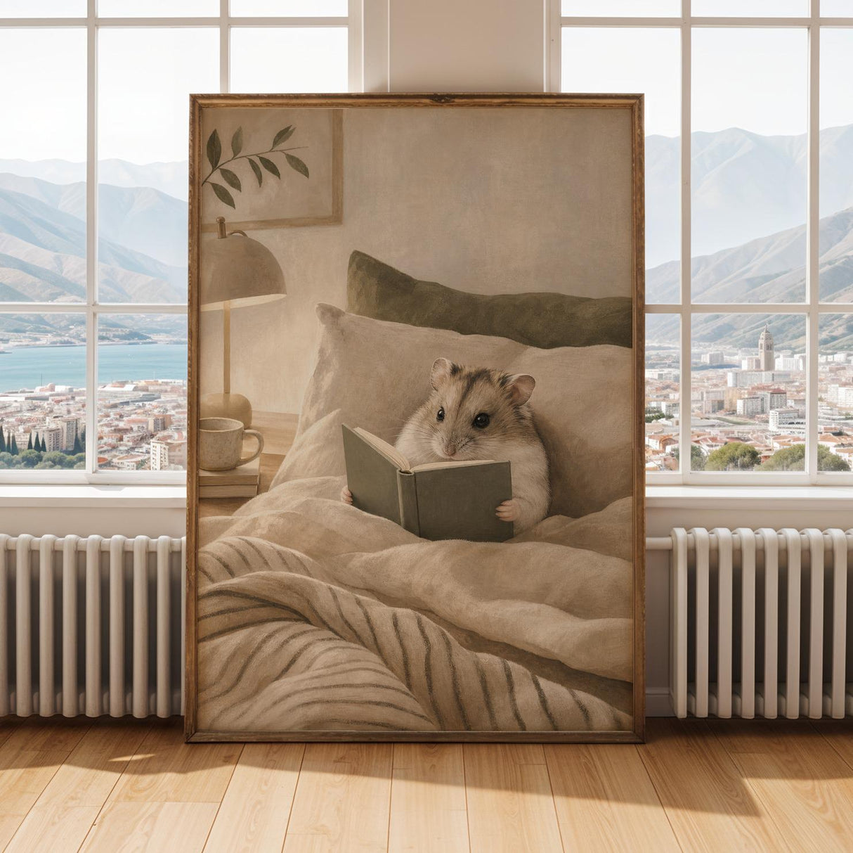 Russian Dwarf Hamster Reading in Bed Poster | Modern Gouache Hamster Wall Art | Warm Beige Oat Milk Decor | Cozy Minimalist Bedroom Print