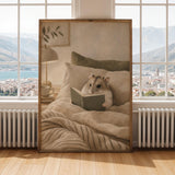 Russian Dwarf Hamster Reading in Bed Poster | Modern Gouache Hamster Wall Art | Warm Beige Oat Milk Decor | Cozy Minimalist Bedroom Print