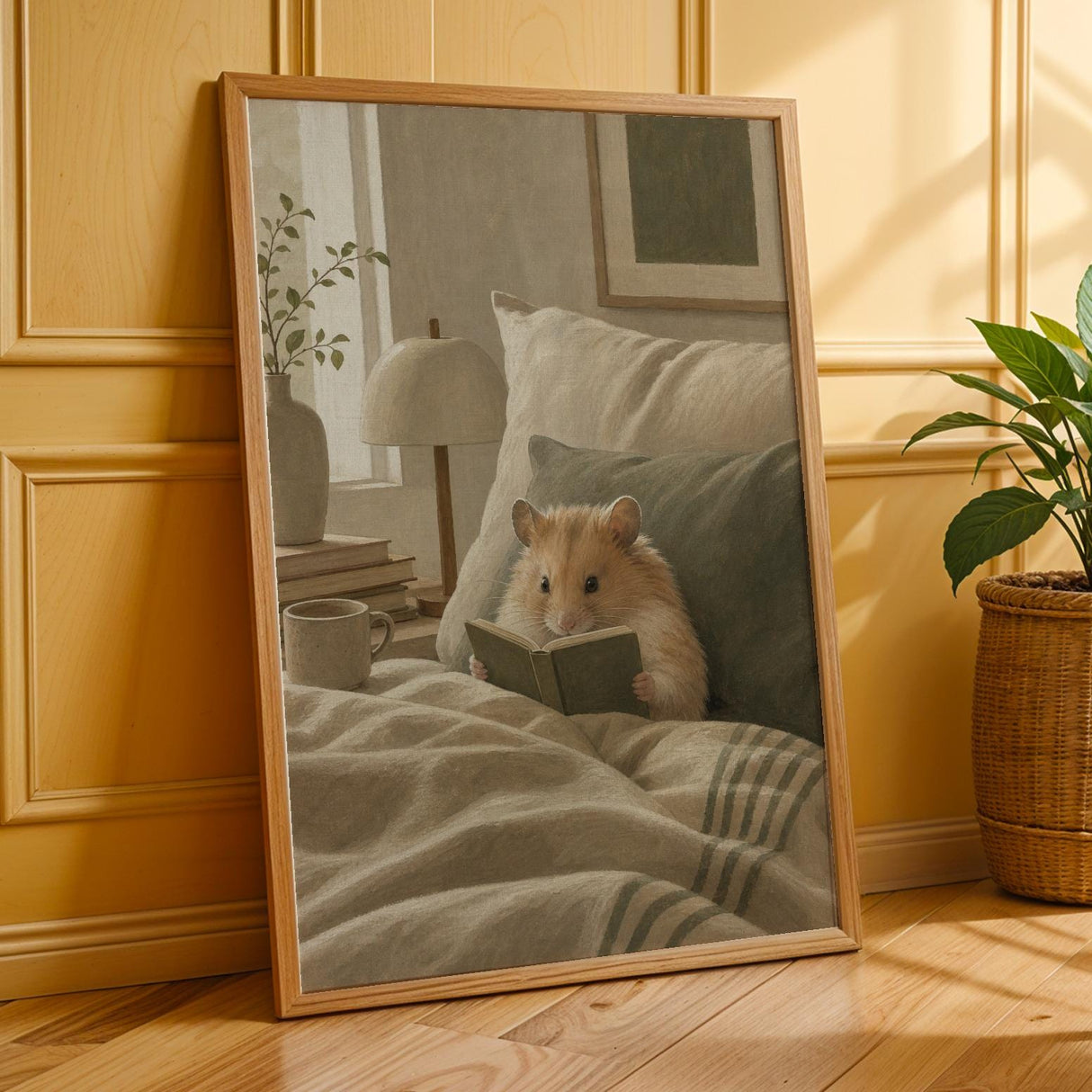 Chinese Hamster Reading in Bed Poster | Nordic Gouache Hamster Wall Art | Warm Beige Oat Milk Decor | Cozy Nursery Bedroom Print