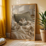 Roborovski Hamster Reading in Bed Poster | Modern Gouache Hamster Wall Art | Warm Beige Oat Milk Decor | Cozy Minimalist Bedroom Print