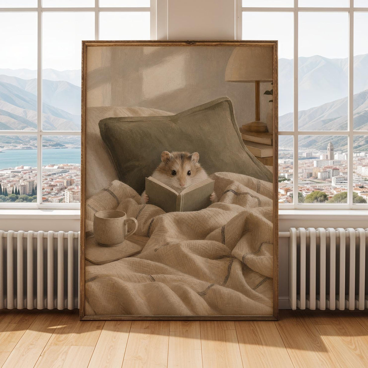 Roborovski Hamster Reading in Bed Poster | Modern Gouache Hamster Wall Art | Warm Beige Oat Milk Decor | Cozy Minimalist Bedroom Print