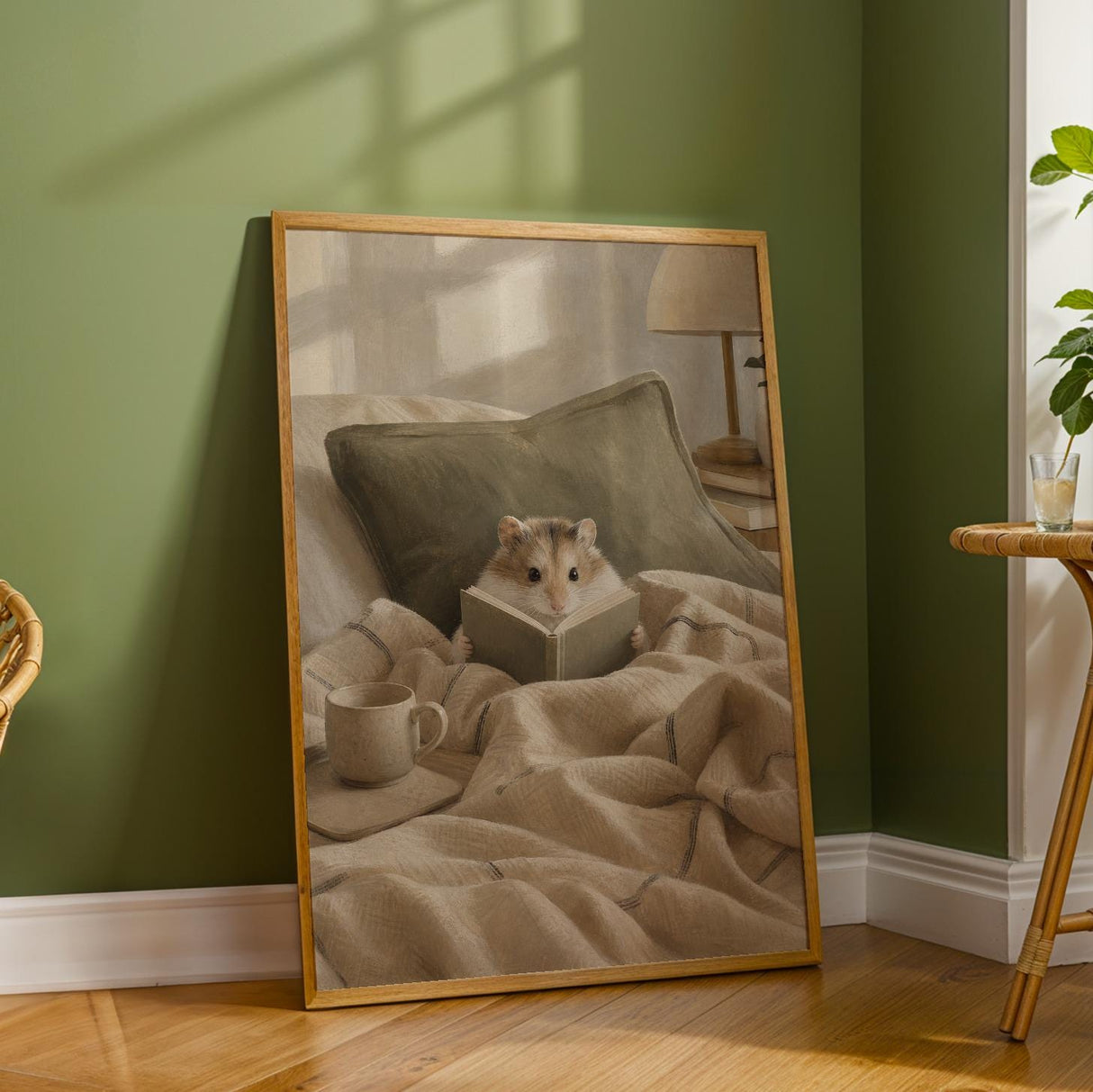 Roborovski Hamster Reading in Bed Poster | Modern Gouache Hamster Wall Art | Warm Beige Oat Milk Decor | Cozy Minimalist Bedroom Print