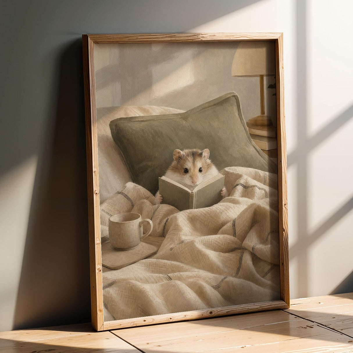 Roborovski Hamster Reading in Bed Poster | Modern Gouache Hamster Wall Art | Warm Beige Oat Milk Decor | Cozy Minimalist Bedroom Print