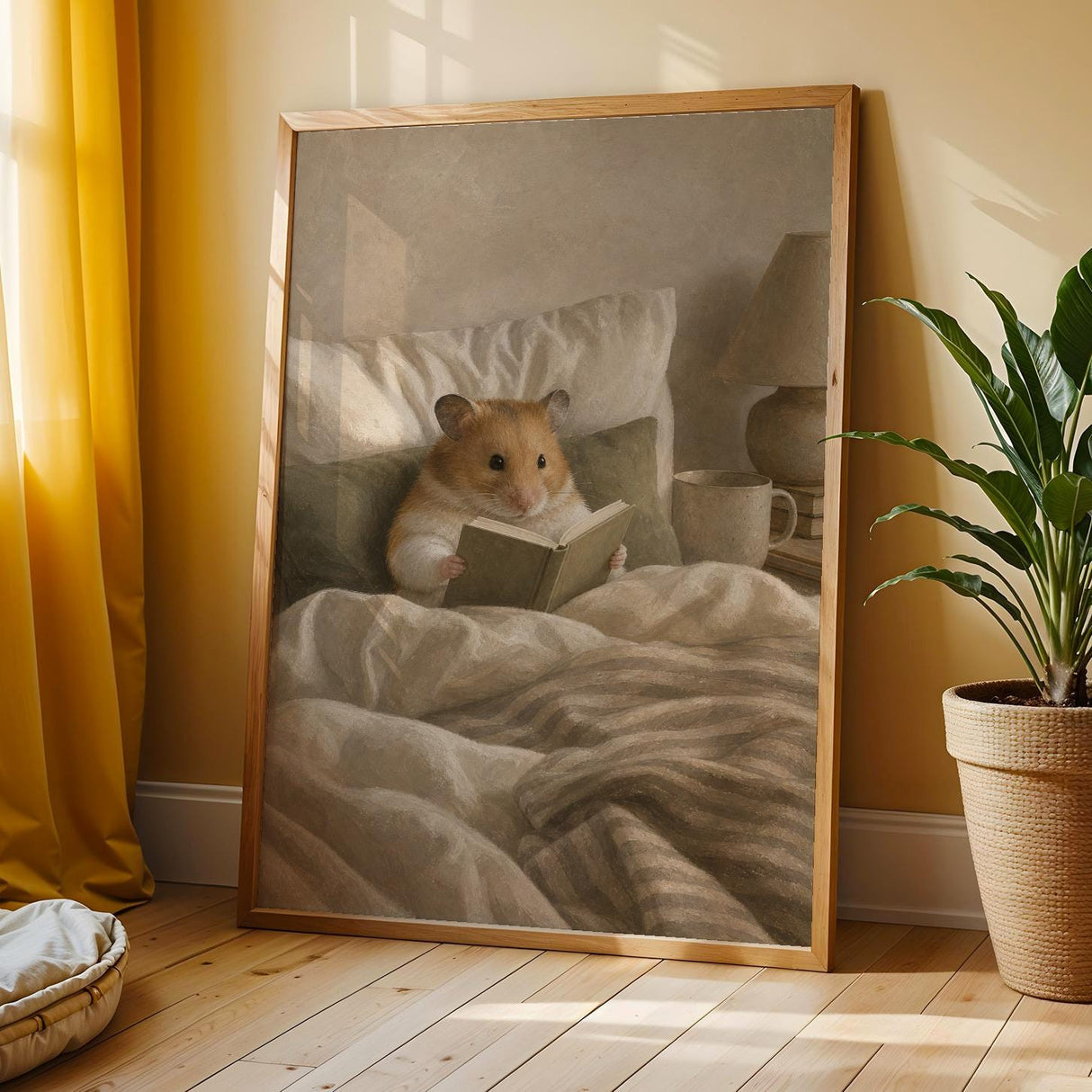 Syrian Hamster Reading in Bed Poster | Nordic Gouache Hamster Wall Art | Warm Beige Neutral Decor | Cozy Minimalist Nook Print