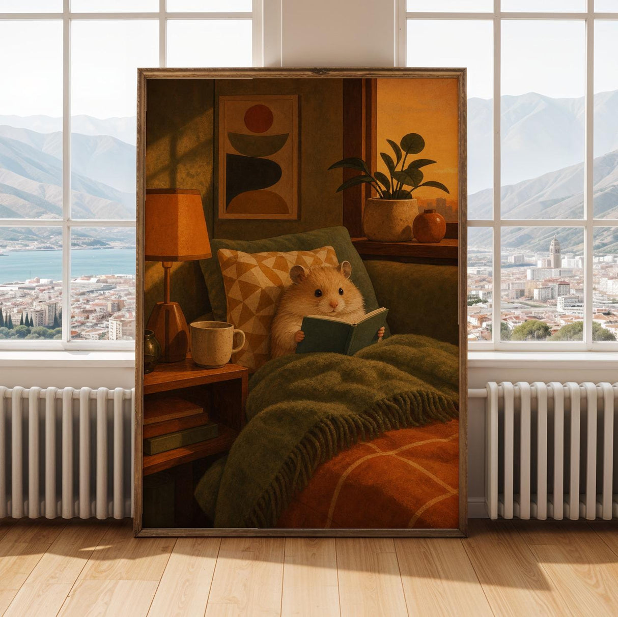 Teddy Bear Hamster Reading in Armchair Poster | Mid Century Modern Editorial Wall Art | Orange Yellow Decor | Cozy Retro Living Room Print