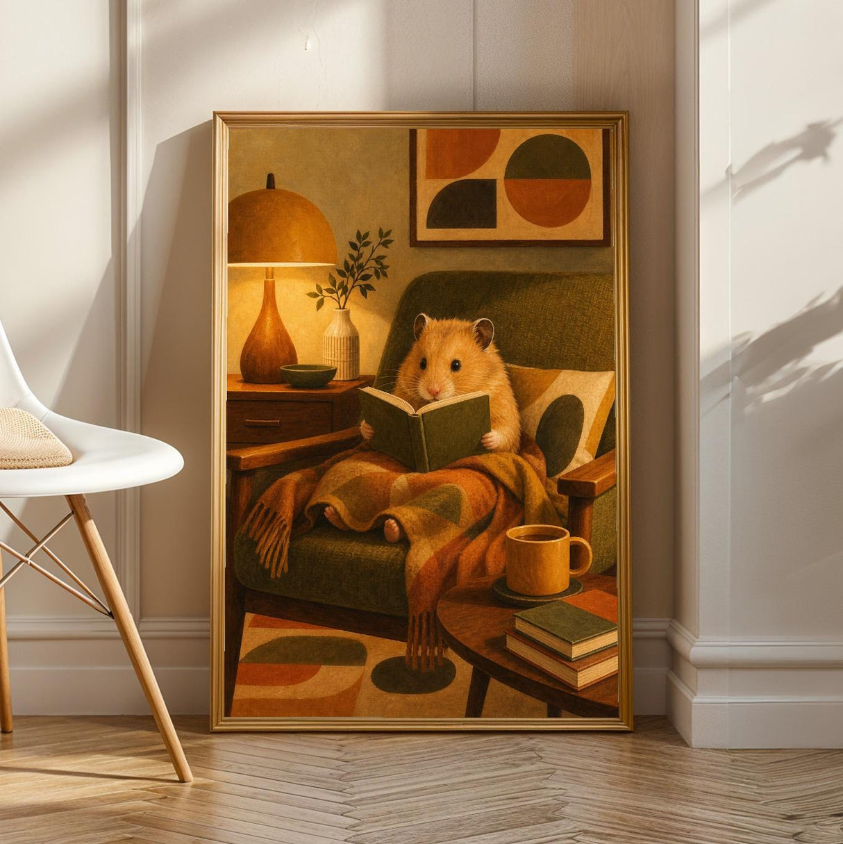 Golden Syrian Hamster Reading in Armchair Poster | Retro Modern Hamster Wall Art | Yellow Orange Decor | Cozy Mid Century Living Room Print