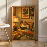 Campbell’s Dwarf Hamster Reading in Armchair Poster | Modern Hamster Wall Art | Yellow Orange Decor | Cozy Mid Century Living Room Print