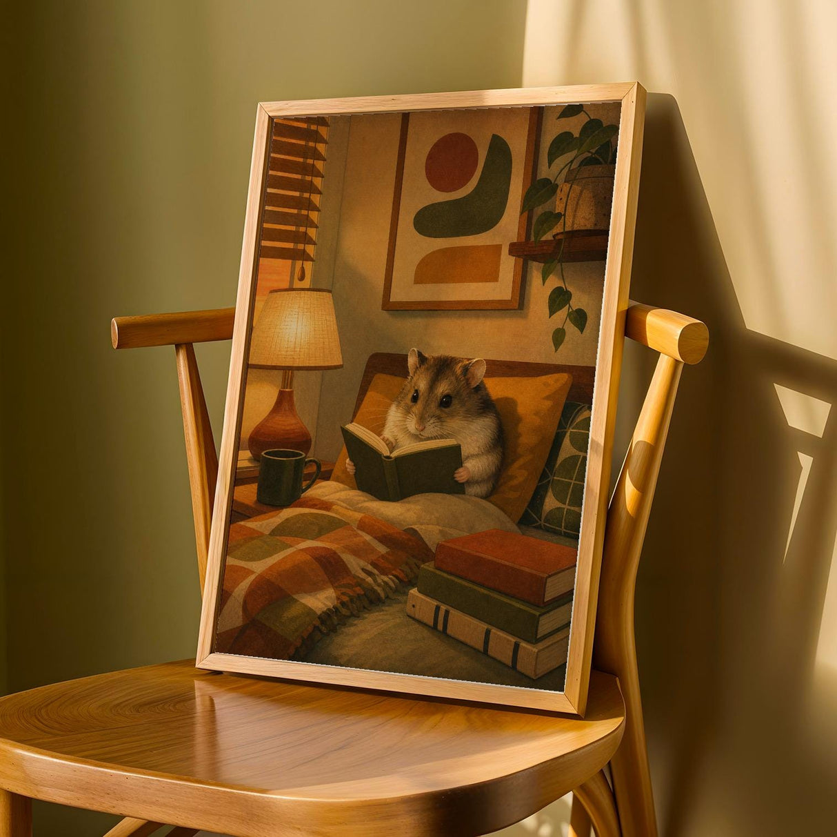 Campbell’s Dwarf Hamster Reading in Armchair Poster | Modern Hamster Wall Art | Yellow Orange Decor | Cozy Mid Century Living Room Print