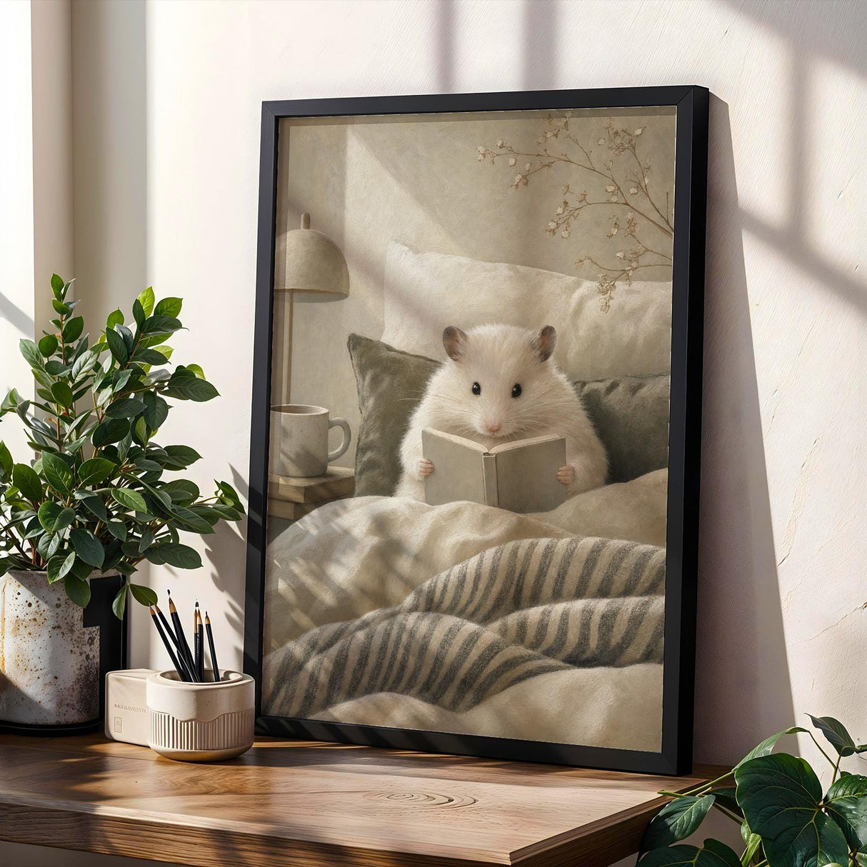 Winter White Hamster Reading in Bed Poster | Modern Gouache Hamster Wall Art | Warm Beige Soft Ivory Decor | Cozy Minimalist Bedroom Print
