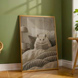 Winter White Hamster Reading in Bed Poster | Modern Gouache Hamster Wall Art | Warm Beige Soft Ivory Decor | Cozy Minimalist Bedroom Print