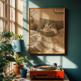 Campbell’s Dwarf Hamster Reading in Bed Poster | Nordic Gouache Hamster Wall Art | Warm Beige Oat Milk Decor | Cozy Minimalist Bedroom Print