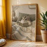 Campbell’s Dwarf Hamster Reading in Bed Poster | Nordic Gouache Hamster Wall Art | Warm Beige Oat Milk Decor | Cozy Minimalist Bedroom Print