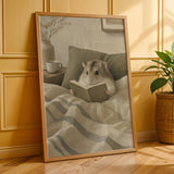 Campbell’s Dwarf Hamster Reading in Bed Poster | Nordic Gouache Hamster Wall Art | Warm Beige Oat Milk Decor | Cozy Minimalist Bedroom Print