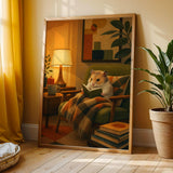Chinese Hamster Reading in Armchair Poster | Retro Modern Hamster Wall Art | Orange Olive Green Decor | Cozy Mid Century Living Room Print