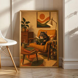Hamster Reading in Armchair Poster | Retro Painterly Hamster Wall Art | Walnut Brown Burnt Orange Decor | Cozy Mid Century Living Room Print