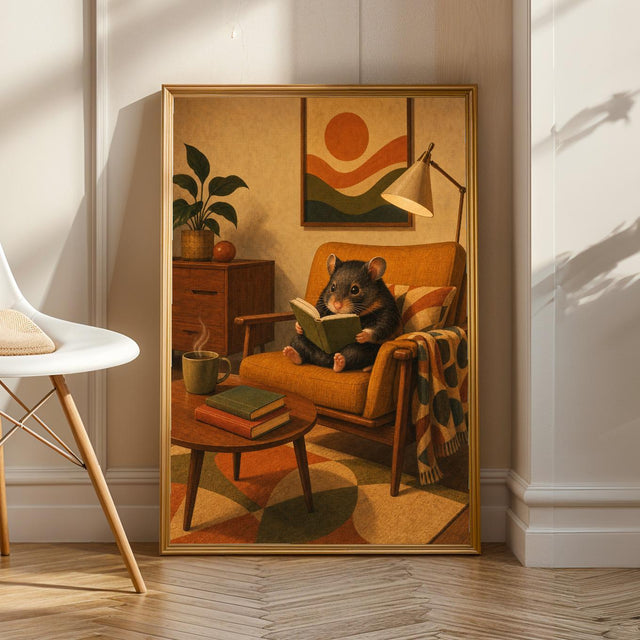 Hamster Reading in Armchair Poster | Retro Painterly Hamster Wall Art | Walnut Brown Burnt Orange Decor | Cozy Mid Century Living Room Print
