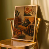 Hamster Reading in Armchair Poster | Retro Painterly Hamster Wall Art | Walnut Brown Burnt Orange Decor | Cozy Mid Century Living Room Print