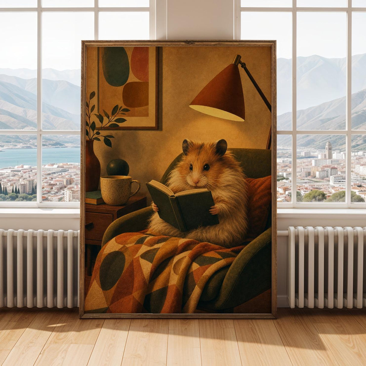 Long Haired Syrian Hamster Reading in Armchair Poster | Retro Painterly Hamster Wall Art | Orange Decor | Cozy Mid Century Bedroom Print