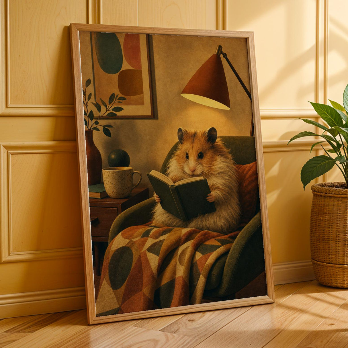 Long Haired Syrian Hamster Reading in Armchair Poster | Retro Painterly Hamster Wall Art | Orange Decor | Cozy Mid Century Bedroom Print
