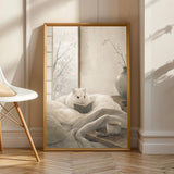 Winter White Hamster Reading in Bed Poster | Japanese Zen Sumi-e Hamster Wall Art | Warm Ivory Gray Decor | Minimalist Kyoto Bedroom Print