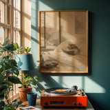 Russian Dwarf Hamster Reading in Bed Poster | Japanese Zen Sumi-e Hamster Wall Art | Warm Ivory Muted Sage Decor | Minimalist Bedroom Print