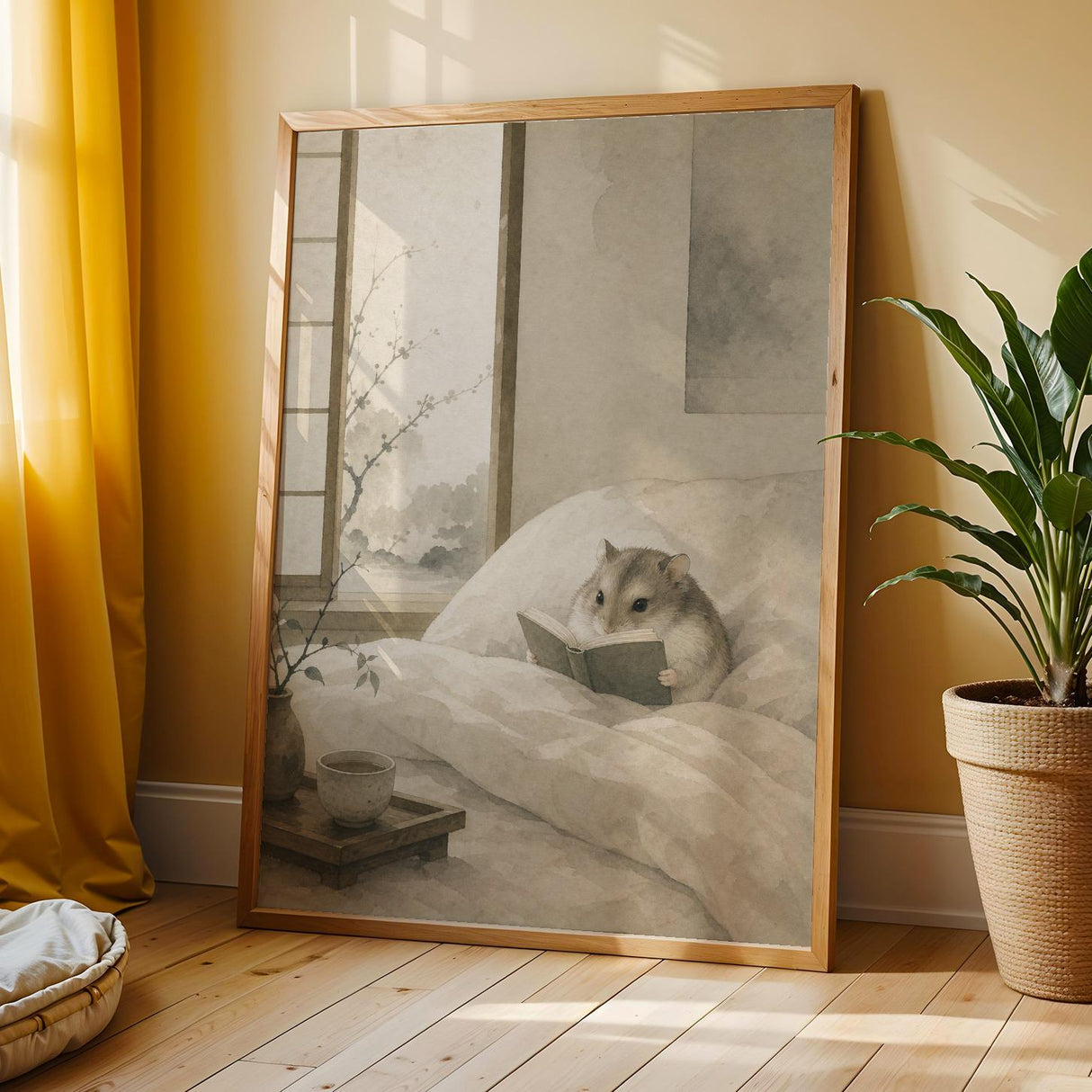 Russian Dwarf Hamster Reading in Bed Poster | Japanese Zen Sumi-e Hamster Wall Art | Warm Ivory Muted Sage Decor | Minimalist Bedroom Print