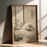 Russian Dwarf Hamster Reading in Bed Poster | Japanese Zen Sumi-e Hamster Wall Art | Warm Ivory Muted Sage Decor | Minimalist Bedroom Print