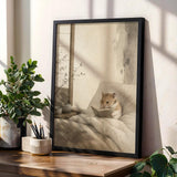 Chinese Hamster Reading in Bed Poster | Japanese Zen Ink Wash Hamster Wall Art | Warm Ivory Fog Gray Decor | Minimalist Bedroom Print