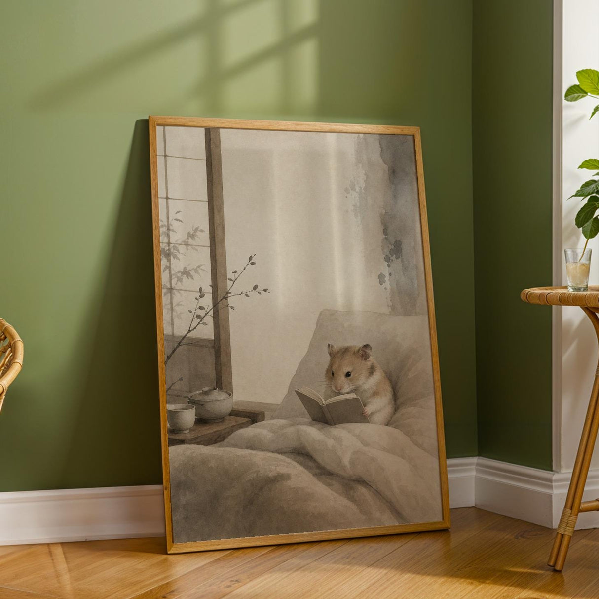 Chinese Hamster Reading in Bed Poster | Japanese Zen Ink Wash Hamster Wall Art | Warm Ivory Fog Gray Decor | Minimalist Bedroom Print