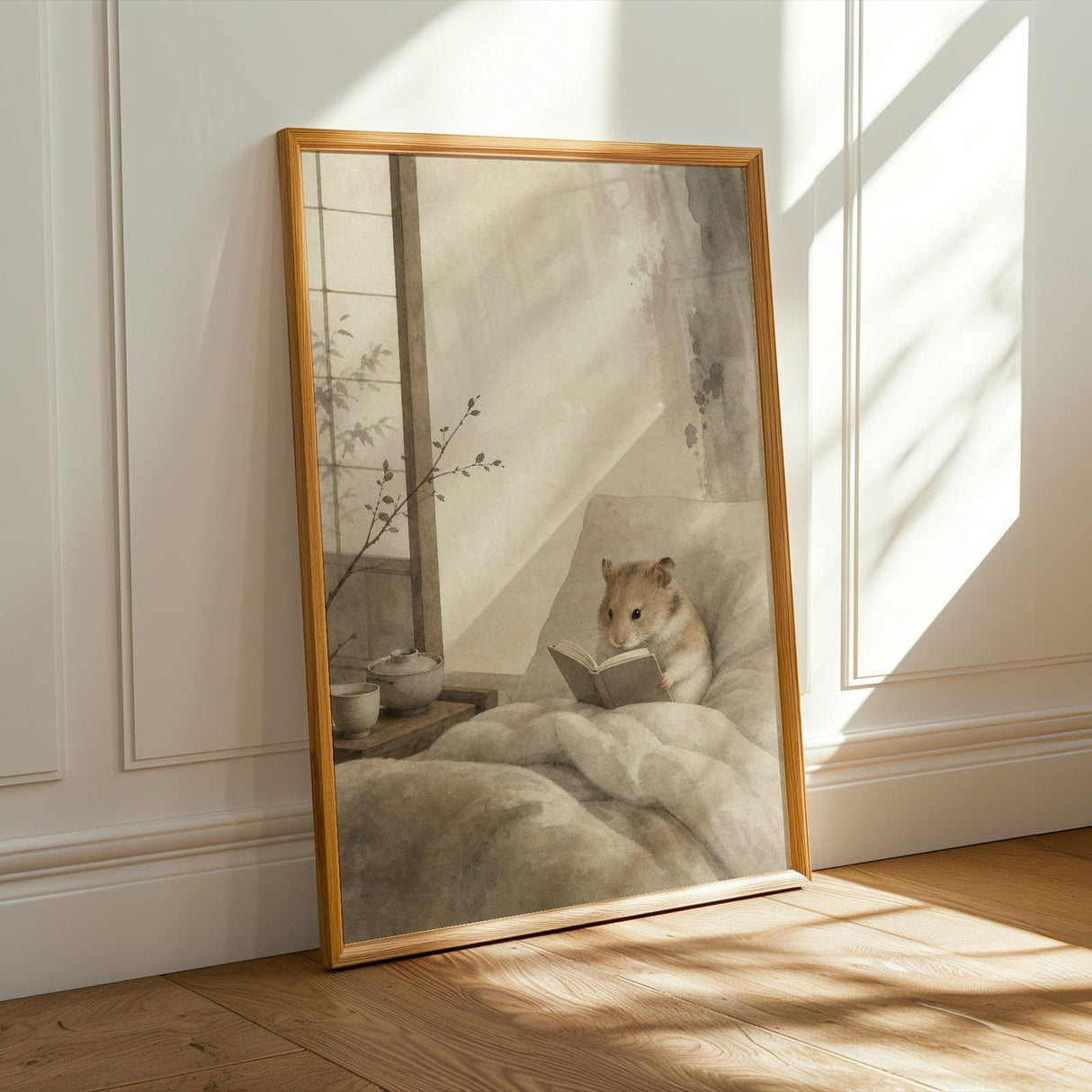 Chinese Hamster Reading in Bed Poster | Japanese Zen Ink Wash Hamster Wall Art | Warm Ivory Fog Gray Decor | Minimalist Bedroom Print