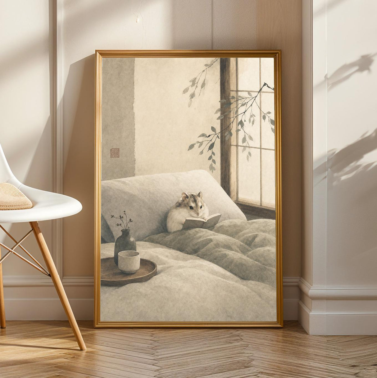 Hamster Reading Book Poster | Japanese Zen Sumi-e Ink Wash Wall Art | Warm Ivory Fog Gray Decor | Minimalist Bedroom Print