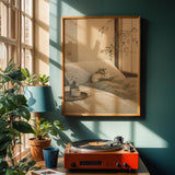 Hamster Reading Book Poster | Japanese Zen Sumi-e Ink Wash Wall Art | Warm Ivory Fog Gray Decor | Minimalist Bedroom Print