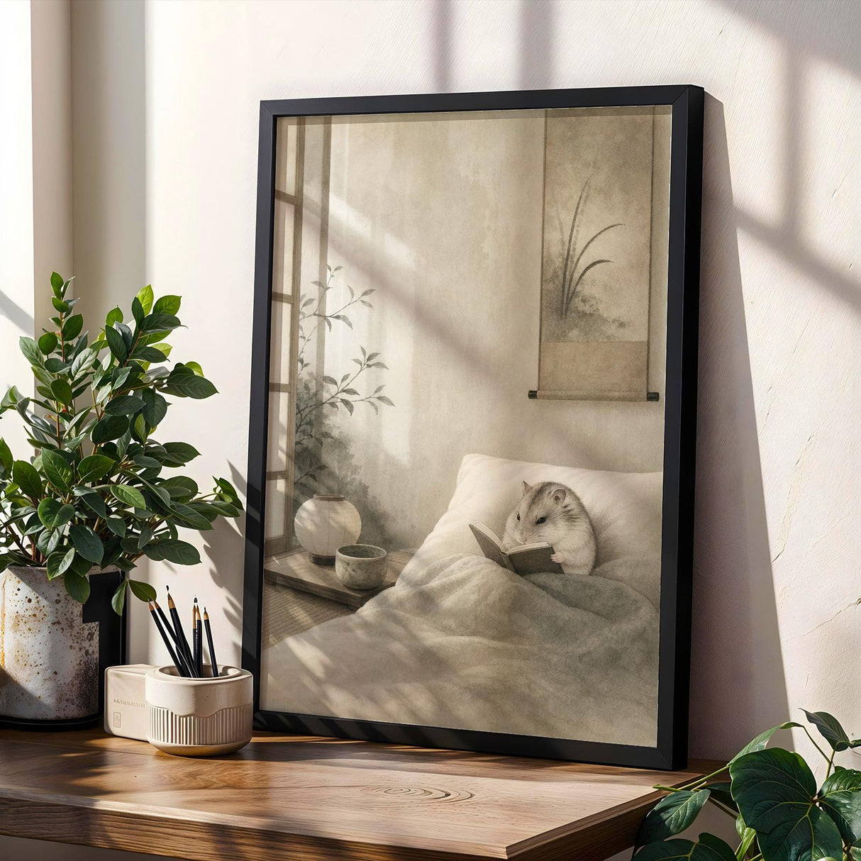 Pearl Dwarf Hamster Reading in Bed Poster | Japanese Zen Sumi-e Hamster Wall Art | Warm Ivory Fog Gray Decor | Minimalist Bedroom Print