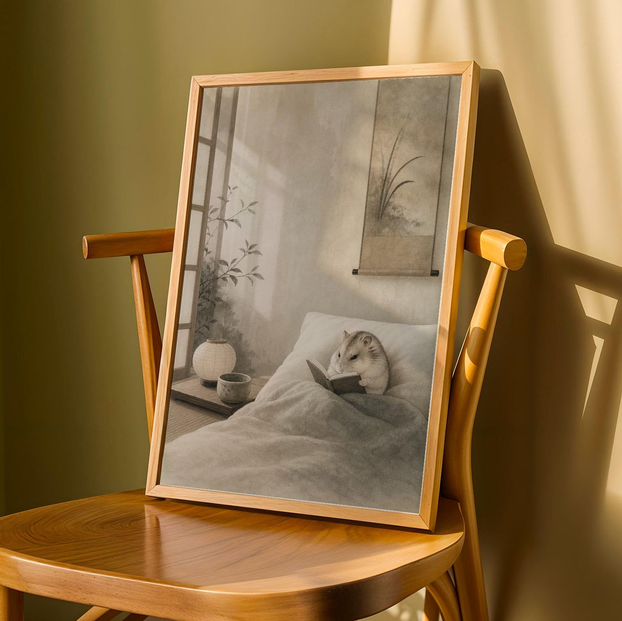 Pearl Dwarf Hamster Reading in Bed Poster | Japanese Zen Sumi-e Hamster Wall Art | Warm Ivory Fog Gray Decor | Minimalist Bedroom Print