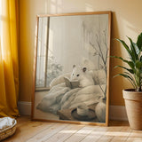 White Syrian Hamster Reading in Bed Poster | Japanese Zen Sumi-e Hamster Wall Art | Warm Ivory Fog Gray Decor | Minimalist Bedroom Print