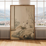 White Syrian Hamster Reading in Bed Poster | Japanese Zen Sumi-e Hamster Wall Art | Warm Ivory Fog Gray Decor | Minimalist Bedroom Print