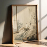 White Syrian Hamster Reading in Bed Poster | Japanese Zen Sumi-e Hamster Wall Art | Warm Ivory Fog Gray Decor | Minimalist Bedroom Print