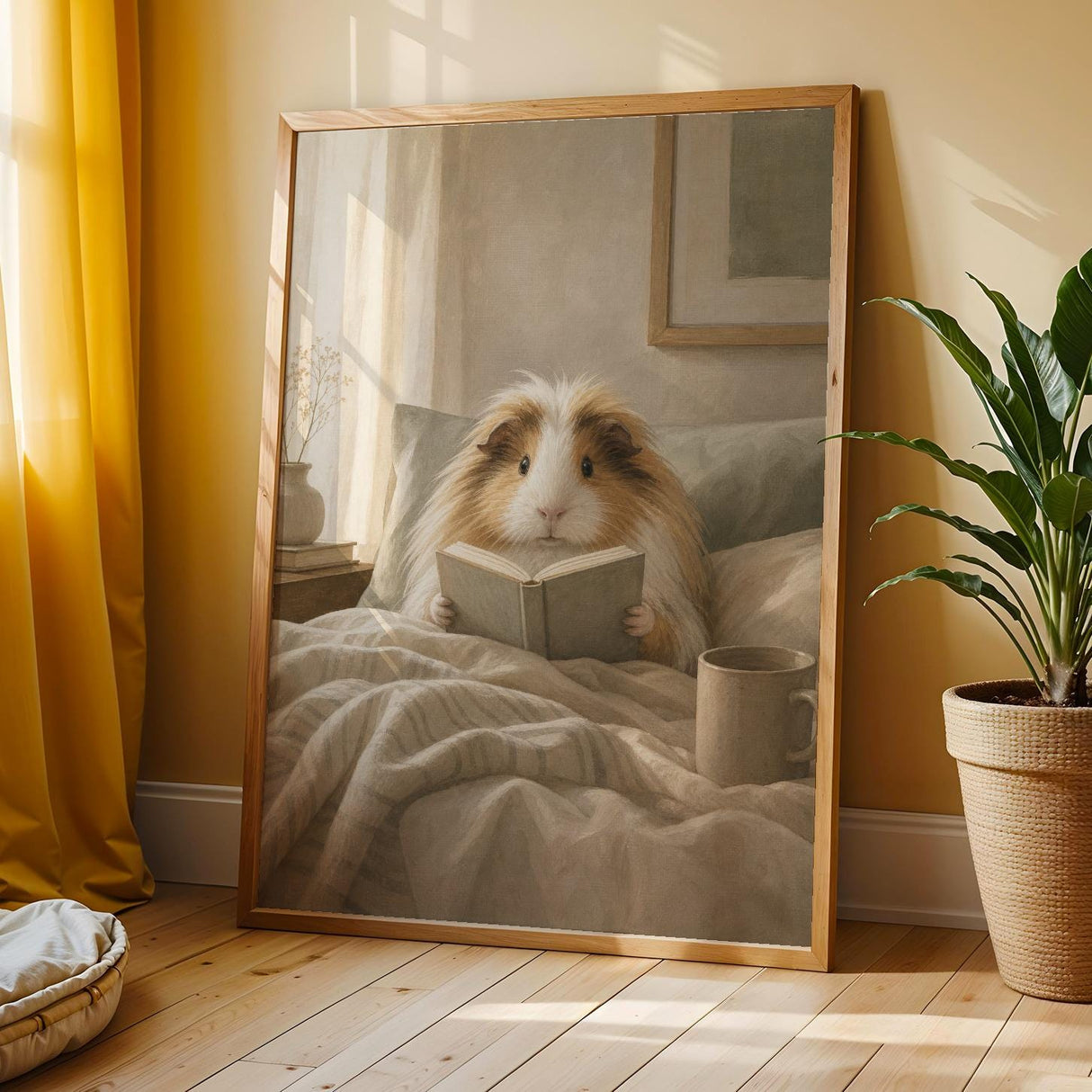 Sheltie Guinea Pig Reading in Bed Poster | Modern Gouache Guinea Pig Wall Art | Warm Beige Oat Milk Decor | Cozy Minimalist Bedroom Print
