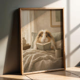 Sheltie Guinea Pig Reading in Bed Poster | Modern Gouache Guinea Pig Wall Art | Warm Beige Oat Milk Decor | Cozy Minimalist Bedroom Print