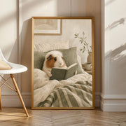 White Crested Guinea Pig Reading in Bed illustrated in Nordic Gouache style on a poster