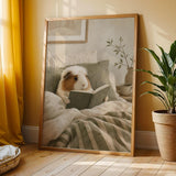 White Crested Guinea Pig Reading in Bed Poster | Nordic Gouache Guinea Pig Wall Art | Warm Neutral Bedroom Decor | Cozy Nook Print